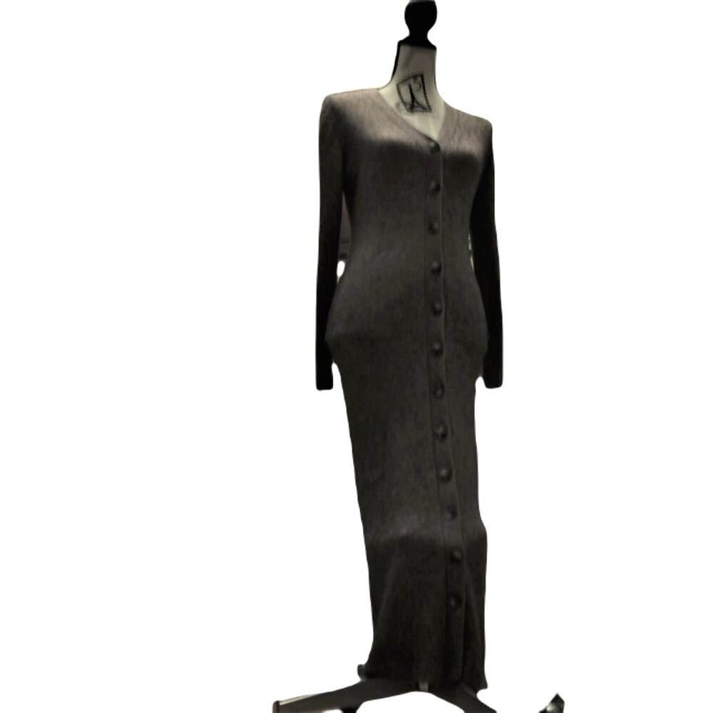 Torn by Ronny Kobo Long Button-Front Midi Dress in Charcoal Gray